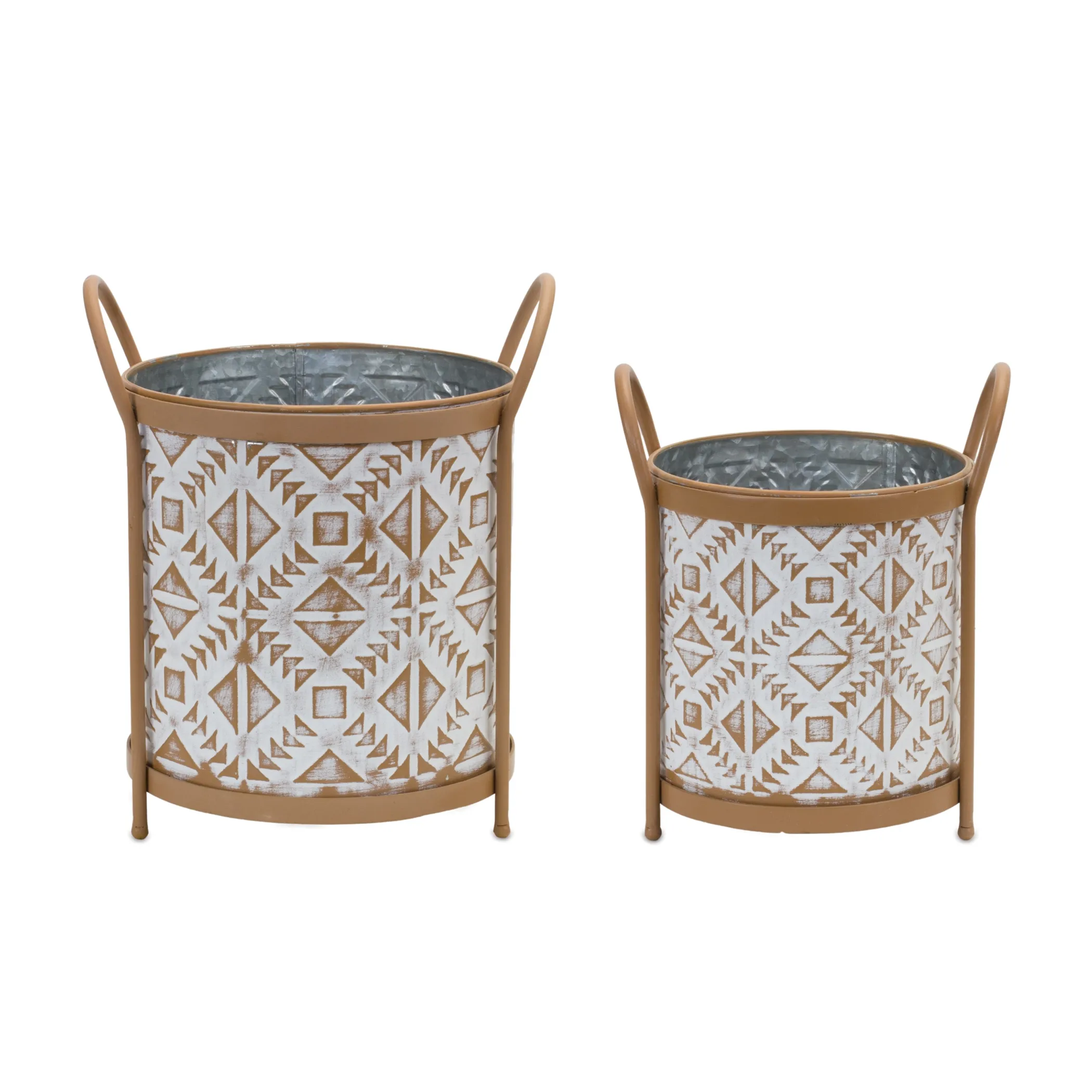Set of two distressed grey and white metal planters with geometric Aztec design and footed metal accents