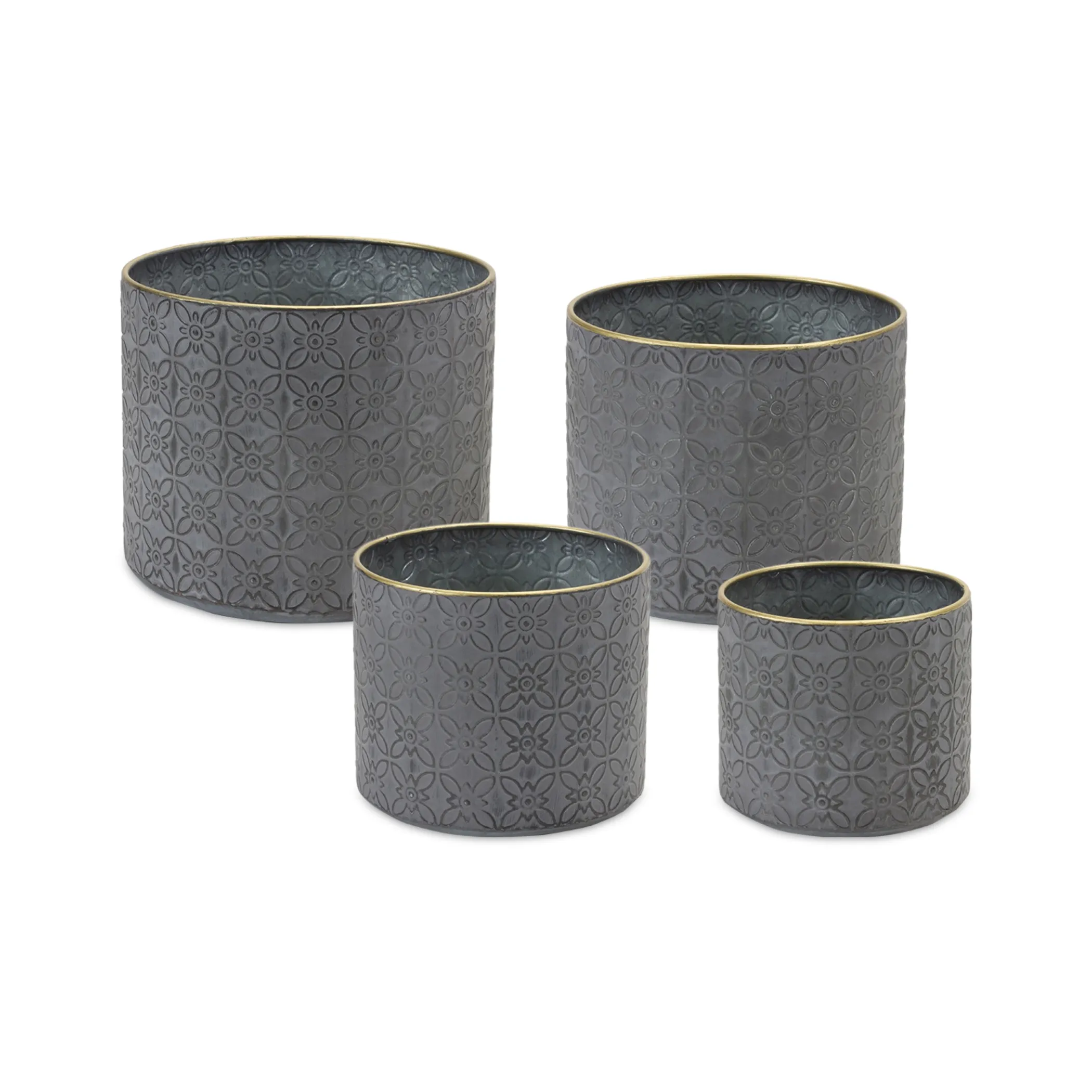 Ornate Geometric Metal Planter set of four — distressed grey metal planters with gold trim accents